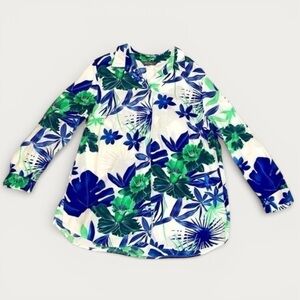ULLA POPKEN Women’s Floral Hawaiian Button Up Shirt 
White Blue Green Size 16/18